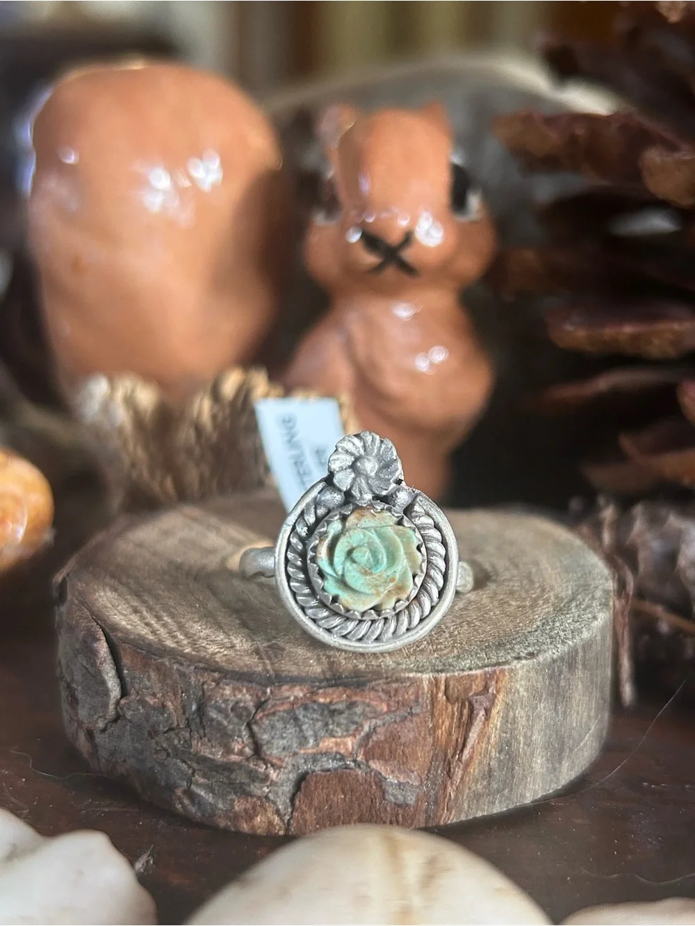 925 Sterling carved rose Mojave turquoise ring